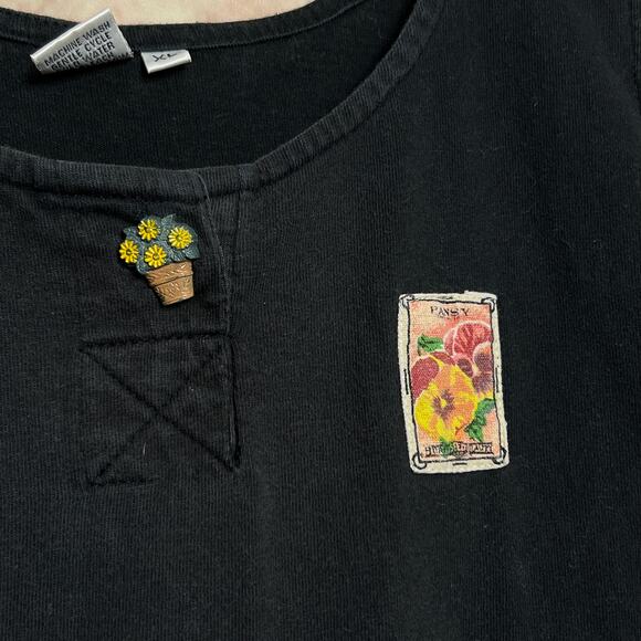 Vintage 90s Black Sleeveless Patchwork Garden Seed Packet Shift Dress Cottage - Picture 4 of 11